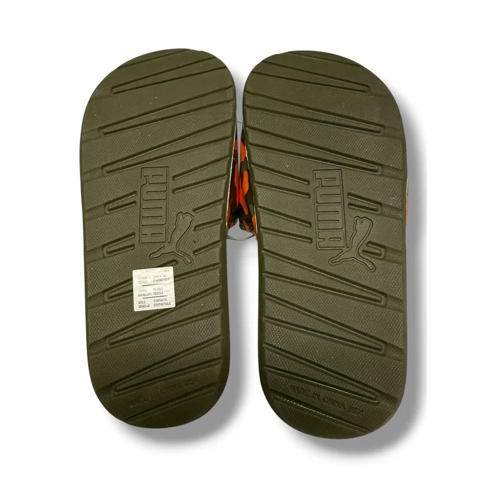 Puma Cool Cat Camo Slides Kids Size 4 Olive Green Orange‎ Camouflage Sandals NEW